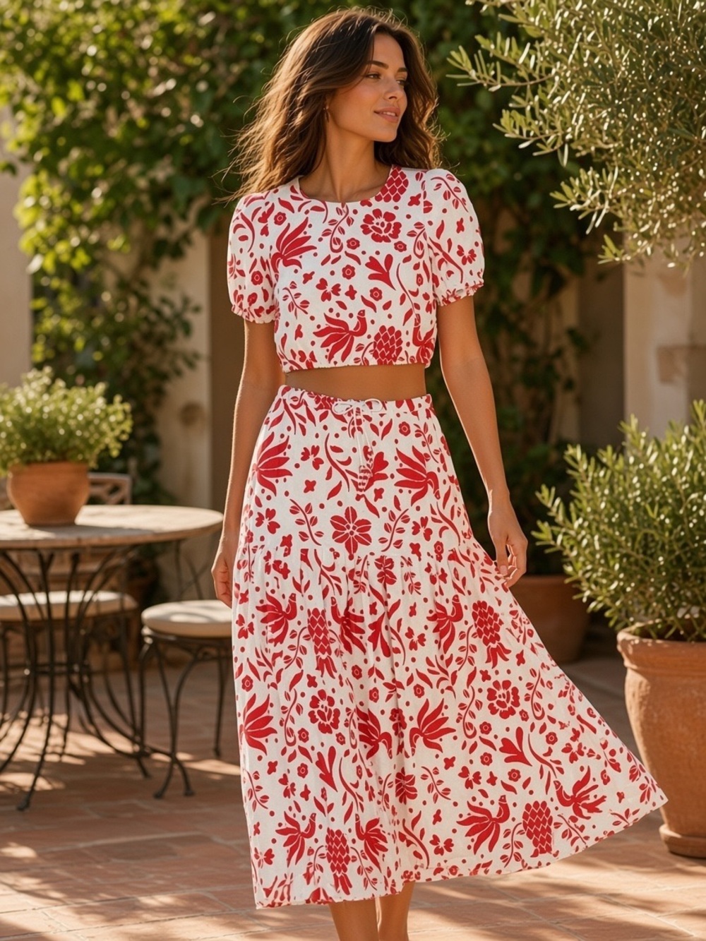 cupcakes & cashmere White and Red Floral Crop Top + Skirt Set size M